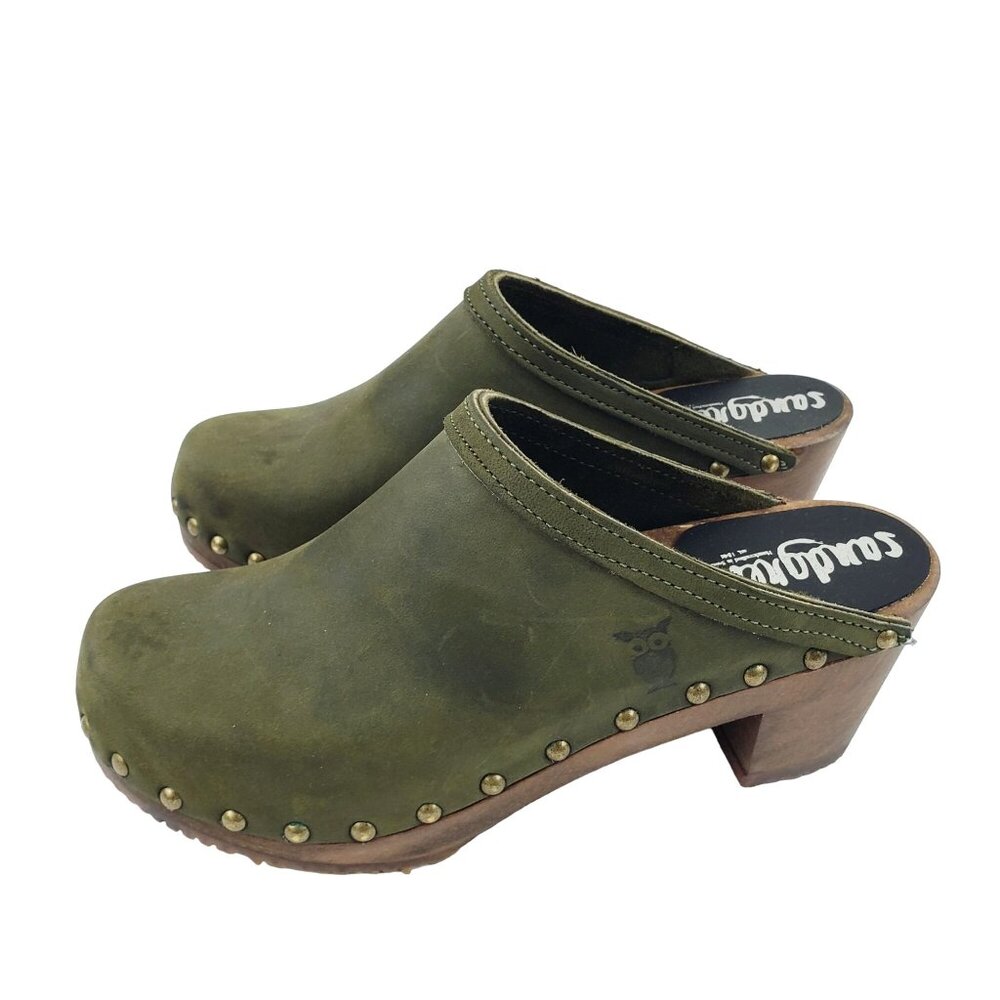Sandgrens 36 US 6 Green Clogs Swedish Handmade Wooden Leather Mule Nubuck NWOB